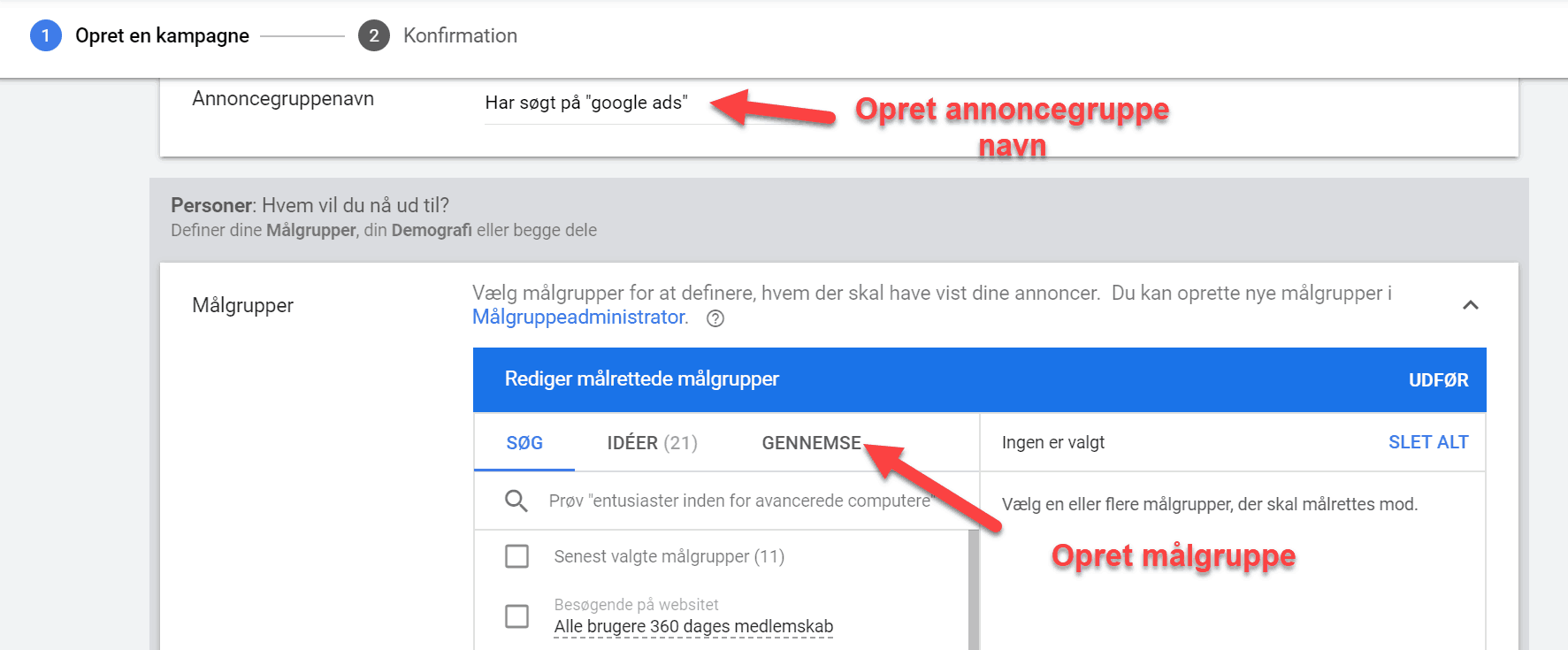 opret remarketing målgruppe google ads