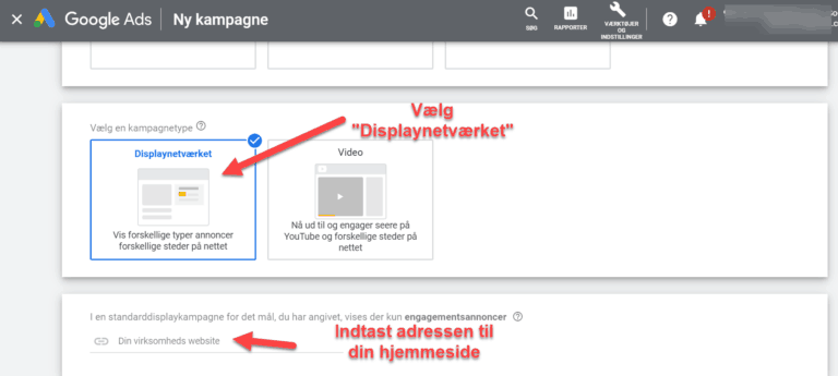 vælg displaynetværket på google ads remarketing