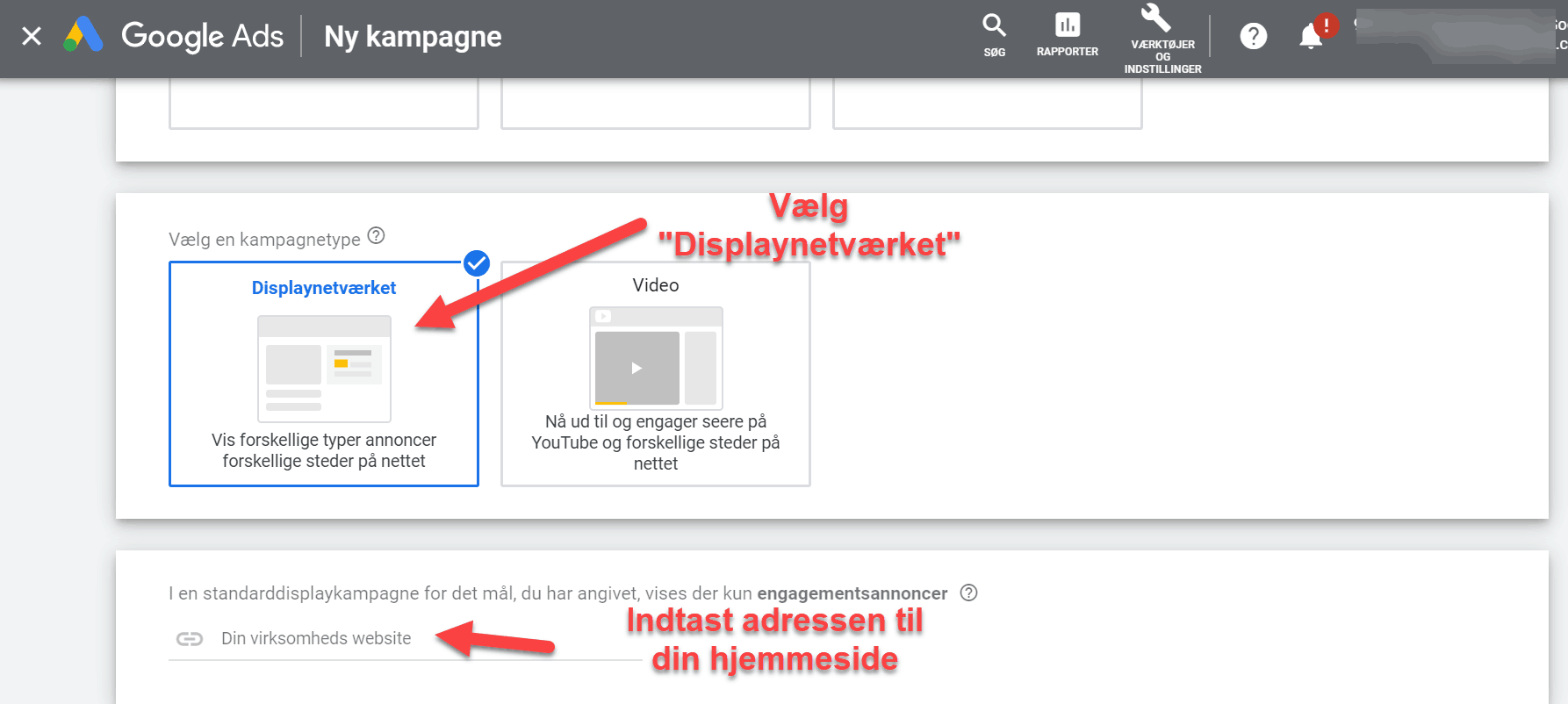 vælg displaynetværket på google ads remarketing